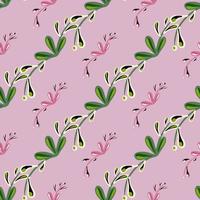 Green colored diagonal floral branches seamless doodle pattern. Lilac background. Abstract nature print. vector