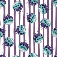 Random blue vintage flowers in ornamental folk style seamless pattern. Striped white and purple background. vector