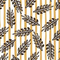 Random seamless pattern with maroon outline leaf branches shapes. Orange and white striped background. vector