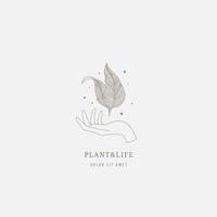 Vector logo template - hand holding leaves. Linear style. Eco, organic, nature care, etc.