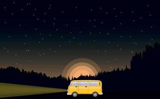 Road trip.Natural park or forest background with bright yellow car. Night.Vector illustration in flat cartoon style. Vector illustration