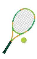 Colored tennis racket with a yellow tennis ball on a white background.Sports equipment. Vector illustration