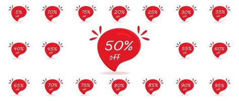 Sale price discount with different percentages on red speech bubble. vector