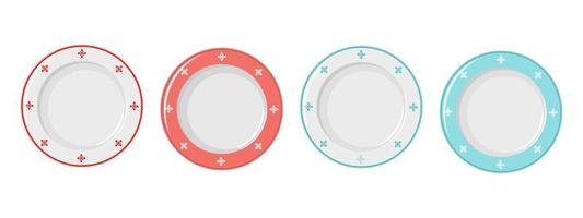 Empty plates with red, blue ornaments, decorated with snowflakes. vector