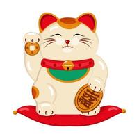 A cat of happiness, good luck, wealth, white, sits on a red pillow with coins in his hands, a bell and a bib. vector