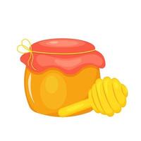 Honey in a jar tied with a rope with a wooden spoon. vector