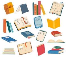 Books big set. Educational material, literature realistic drawing. Personal planners, notebooks. Blank textbooks, hardbacks with empty page book stacks, piles. Hand drawn vector illustrations