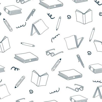 Book seamless pattern. Education symbols. Hand drawn background for book store, reading club, learning, library wallpaper, texture concept design. Doodle sketch style. Vector illustration