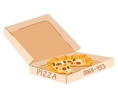 Pizza in cardboard box. Food delivery. Hot Italian fast food. Open carton delivery package. Vector hand draw illustration for prints, posters, flyers and invitations.