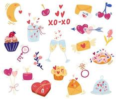 elementos del día de san valentín. gran conjunto de artículos de amor, muffins, corazones, anillos, flechas, llaves, champán, dulces y flores. ilustración de dibujos animados vectoriales para pancarta, póster, tarjeta, postal. vector