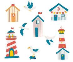 Beach houses and seagulls. Summer time. Vacation homes, lighthouses. Vector illustration for use in prints, posters, flyers and invitations