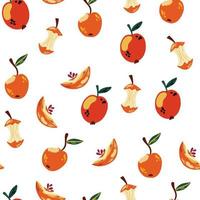 patrón sin costuras de manzanas. fondo de frutas dulces. manzana mordida, mitad y núcleo. hermoso fondo dibujado a mano, papel de envolver, pancarta, textil, papel tapiz. ilustración vectorial de dibujos animados vector