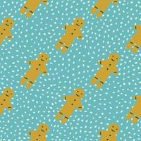 Bright seamless new year pattern with beige colored gingerbread man cookie silhouettes. Blue dotted background. vector