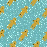 Bright seamless new year pattern with beige colored gingerbread man cookie silhouettes. Blue dotted background. vector