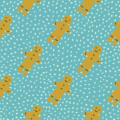 Bright seamless new year pattern with beige colored gingerbread man cookie silhouettes. Blue dotted background.