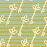 Seamless pastel palette pattern with hand drawn key ornament. Light yellow vintage silhouettes on background with yellow and blue strips. vector