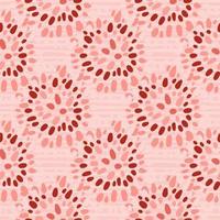 Tribal boho ornament with dots circles seamless pattern. Soft pink background with strips and maroon elements. vector