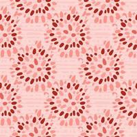 Tribal boho ornament with dots circles seamless pattern. Soft pink background with strips and maroon elements. vector