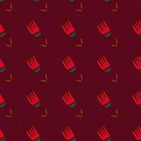 Bright tulip silhouettes abstract floral seamless pattern. Red botanic elements on burgundy background. vector