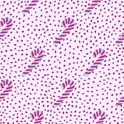New year seamless doodle pattern with xmas candy lollipop ornament. Light dotted background. Blue and pink striped sweet elements.