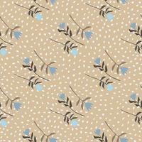 Autumn seamless pattern with flower ornament. Beige background with dots and blue tulips. Tender design. vector