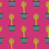 Cute cactus in pot seamless pattern on pink background. vector