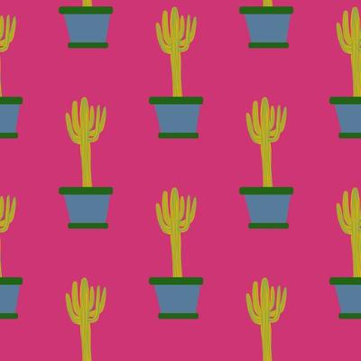 Cute cactus in pot seamless pattern on pink background.