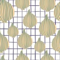 Onion bulb seamless pattern on stripes background. Vegetable wallpaper. vector