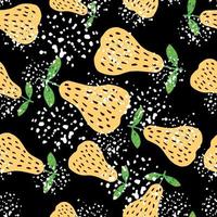 Abstract yellow pears seamless pattern on black background. Sweet fruits wallpaper in doodle style. vector