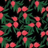 Pomegranate branch and fruit seamless pattern on black background. vector