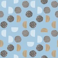 Simple geometric circles hand drawn pattern. Stripped figures in beige and brown tones on blue background. vector