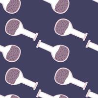 Minimalistic style seamless pattern with lab flask ornament. Purple science equipment on navy blue background. vector