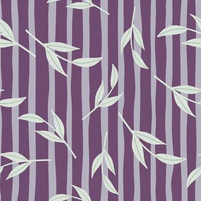 Decorative seamless pattern with hand drawn random nordic twig shapes. Purple striped background.
