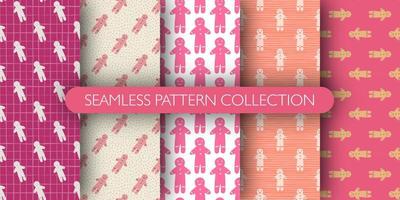 Set of seamless pattern with tasty gingerbread man cookies silhouettes. Holiday background collection vector