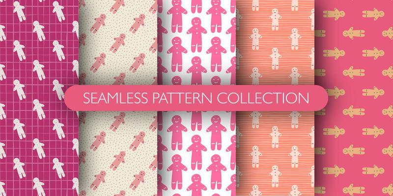 Set of seamless pattern with tasty gingerbread man cookies silhouettes. Holiday background collection