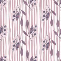 Purple leaves and rowan berries seamless pattern. Nature backdrop. Pink and white striped background. vector