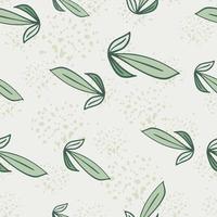 Green random seamless pattern with doodle leaf outline shapes. Grey background with splashes. vector