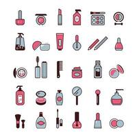 conjunto vectorial de iconos planos de cosméticos, productos de belleza y maquillaje vector