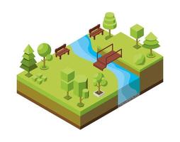 Vector isometric illustration. Concept of an ecological park, recreation areas with a pond and bridge. Natural landscape, environment. Landscaped nature reserve, forest, grove. Trees isometric icons