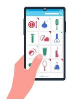Flat vector illustration, concept of buying cosmetics in the online store, shopping.   Cosmetics store products on the smartphone screen, purchase. Hand holding smartphone. View   products in the app