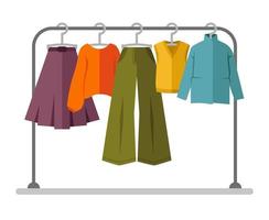 Vector illustration, set of clothes on a hanger. Clothing store, autumn wardrobe.   Shopping, store concept. Seasonal sale of clothes. Clothes icons set