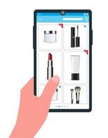 Vector illustration, concept of buying cosmetics in the online store, shopping. Cosmetics store products on the smartphone screen, purchase. Hand holding smartphone. View products in the beauty store