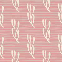 Floral seamless doodle pattern with hand drawn branches simple ornament. Pastel pink striped background. vector
