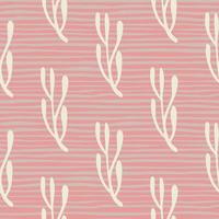 Floral seamless doodle pattern with hand drawn branches simple ornament. Pastel pink striped background. vector