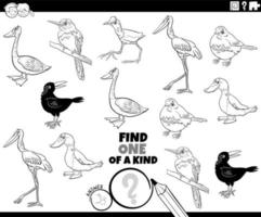 one of a kind game with cartoon birds coloring book page vector