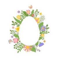 Frame, border of flowers in form of Easter egg. Bright spring flowers and butterflies. Happy Easter. Greeting card vector