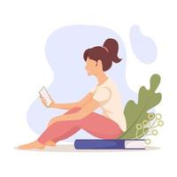 Woman reads an e-book in mobile application. Girl is sitting with phone on book. Electronic library, bookstore, bookshop, book lover, education vector
