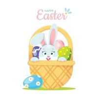 lindo conejito de Pascua en cesta de mimbre con huevos. tarjeta de pascua bonita ilustración para tarjetas de felicitación, textiles, papel de regalo, embalaje vector