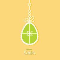 Easter card. Colorful decorated openwork Easter egg hangs on bright yellow background. Ribbon with decorations vector