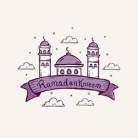 Ramadan Kareem Illustration With Mosque And Ribbon Concept. Hand Drawn Sketch Style vector